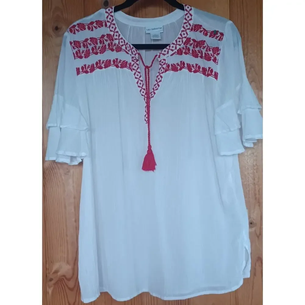 Liz Claiborne 100% White Cotton Tunic Red Embroidery Tiered Sleeves Boho Fairy - Picture 3 of 7
